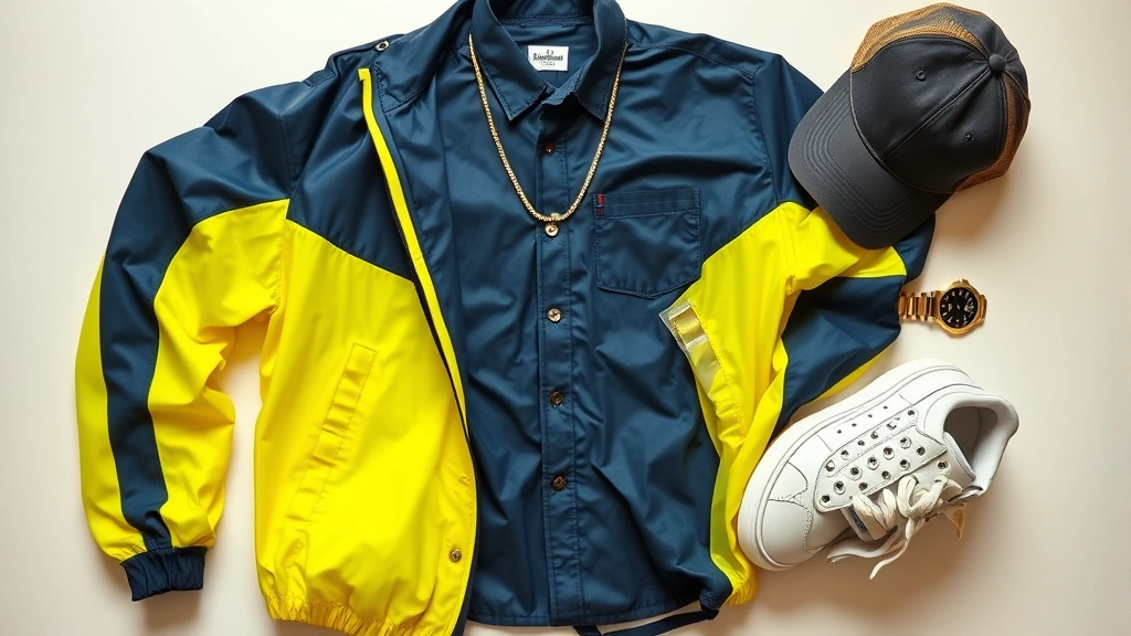 Flat lay of 90s fashion essentials: vibrant neon windbreaker, oversized navy button-up shirt, white leather sneakers, gold watch, chain necklace, baseball cap, arranged artfully on light surface
