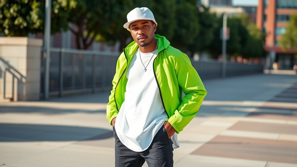 Man styled in Fresh Prince aesthetic: color-blocked outfit with neon green windbreaker over oversized white shirt, fitted dark pants, immaculate white sneakers, Kangol-style hat, dynamic pose, urban setting with natural daylight