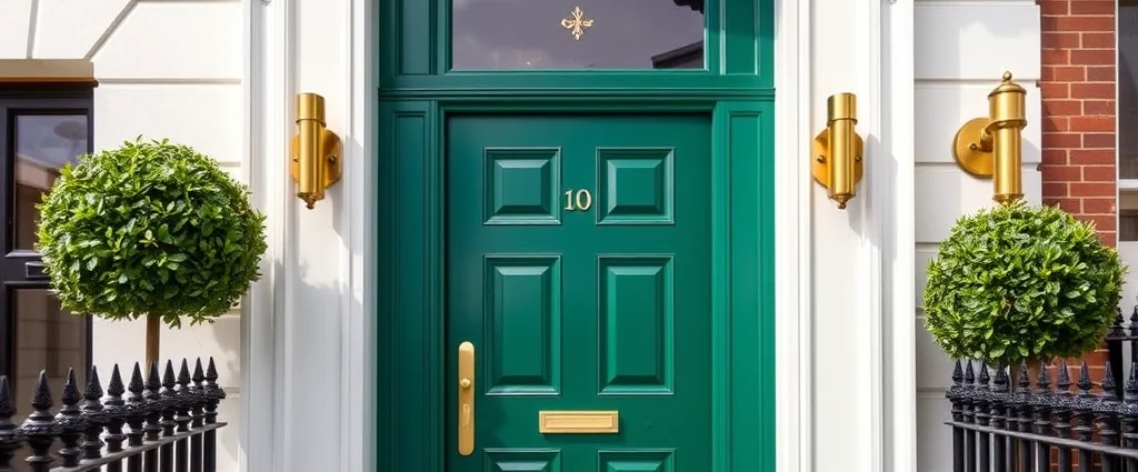 Luxury emerald green front door with brushed brass hardware and black marble surround, modern townhouse entrance, professional architectural photography, daylight