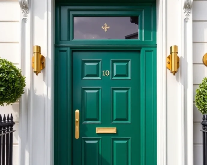 Luxury emerald green front door with brushed brass hardware and black marble surround, modern townhouse entrance, professional architectural photography, daylight