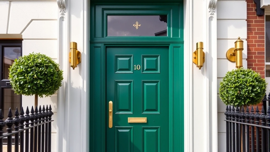 Luxury emerald green front door with brushed brass hardware and black marble surround, modern townhouse entrance, professional architectural photography, daylight