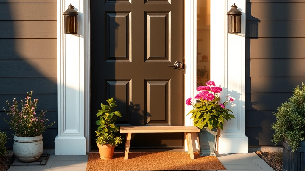 Styled front door vignette featuring matte black door, potted flowering plants, natural wood bench, warm morning sunlight, minimalist contemporary aesthetic