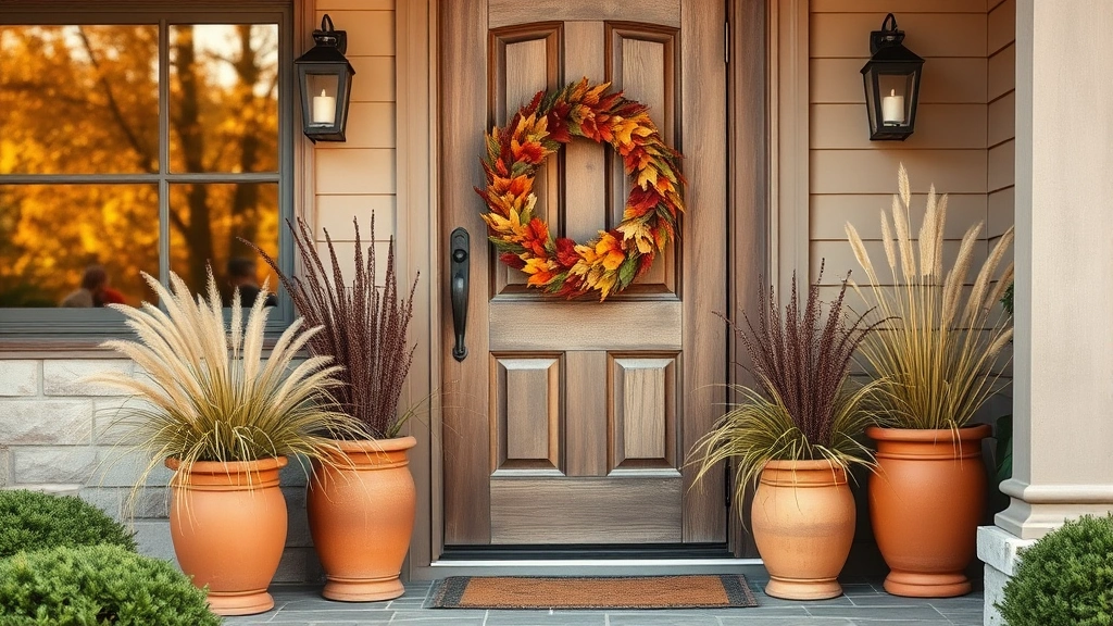 Seasonal front door styling with warm autumn wreath, terracotta planters with ornamental grasses, weathered wood door, golden hour lighting, cozy elegant presentation