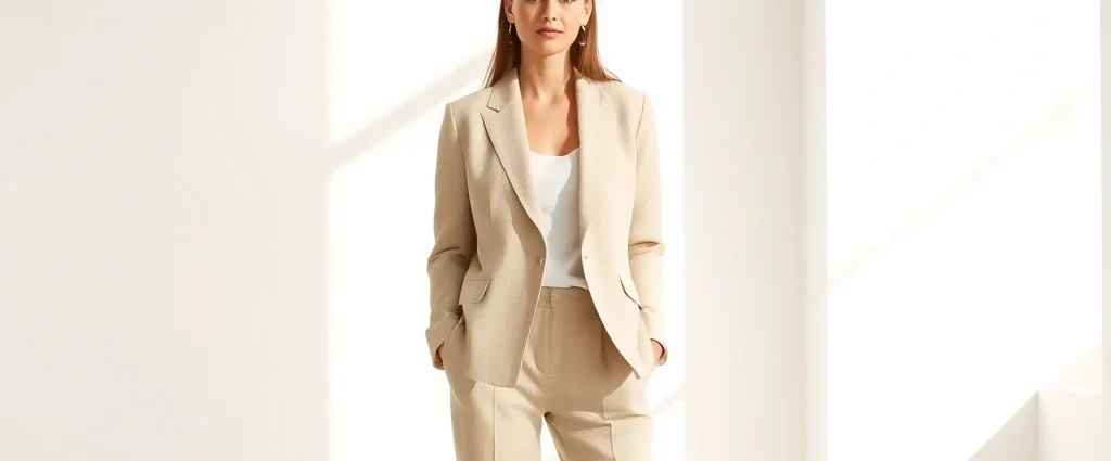 Woman in neutral beige linen blazer and tailored trousers standing confidently in bright natural light, minimalist aesthetic, professional styling, high-quality fabrics visible, natural lighting emphasizing texture and craftsmanship