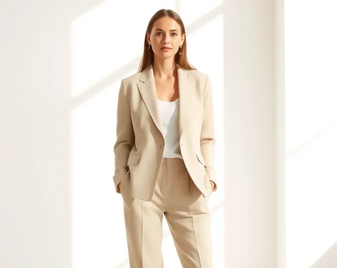 Woman in neutral beige linen blazer and tailored trousers standing confidently in bright natural light, minimalist aesthetic, professional styling, high-quality fabrics visible, natural lighting emphasizing texture and craftsmanship