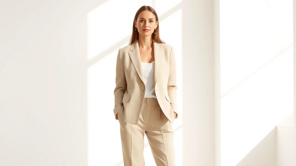 Woman in neutral beige linen blazer and tailored trousers standing confidently in bright natural light, minimalist aesthetic, professional styling, high-quality fabrics visible, natural lighting emphasizing texture and craftsmanship
