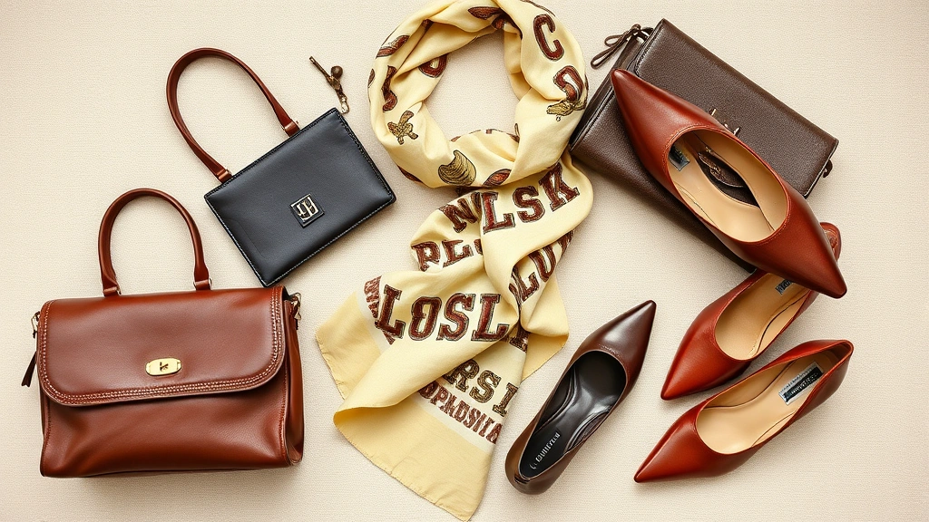Flat lay of thrifted vintage designer pieces including classic leather wallet, silk scarf, structured handbag, and quality shoes arranged artfully on neutral background, showing accessible luxury finds