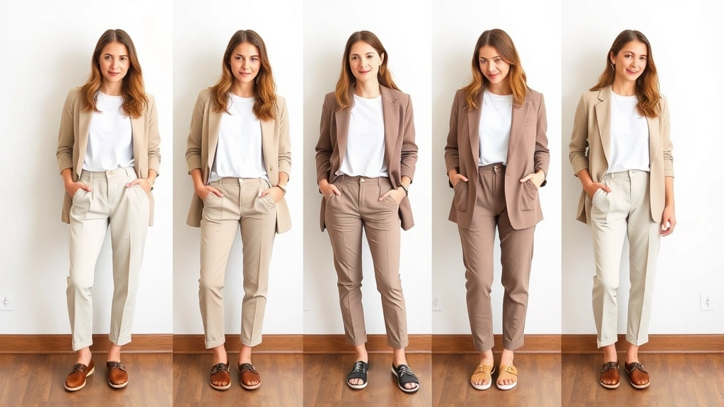 Young woman styling multiple outfit combinations from same basic pieces—white tee, neutral pants, blazer worn different ways—demonstrating capsule wardrobe versatility and creative layering techniques