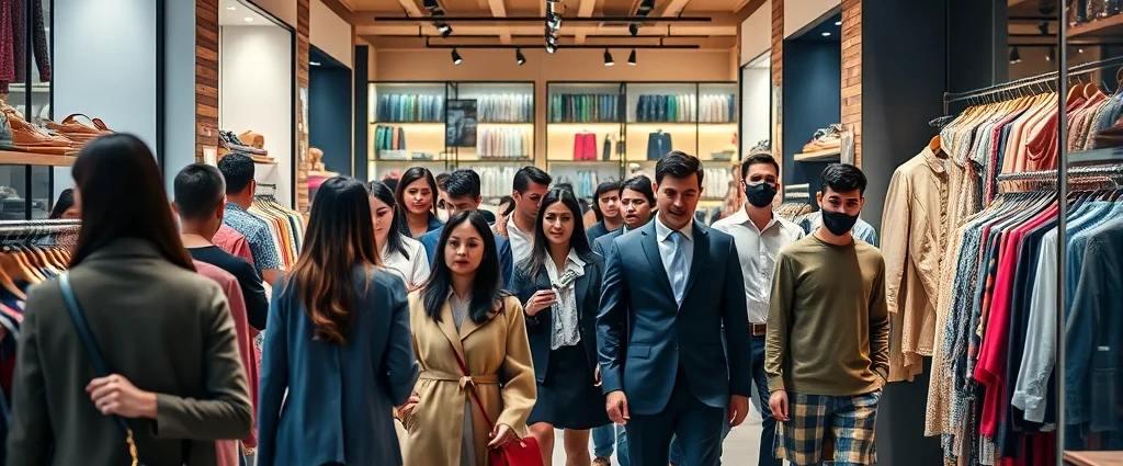 Diverse group of well-dressed people shopping in modern boutique store with contemporary fashion displays and warm ambient lighting, Surat retail setting