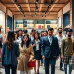 Diverse group of well-dressed people shopping in modern boutique store with contemporary fashion displays and warm ambient lighting, Surat retail setting