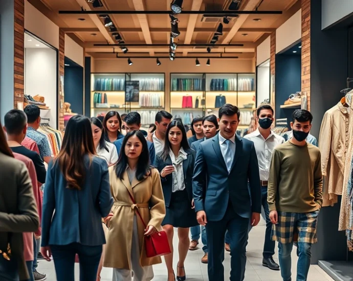 Diverse group of well-dressed people shopping in modern boutique store with contemporary fashion displays and warm ambient lighting, Surat retail setting