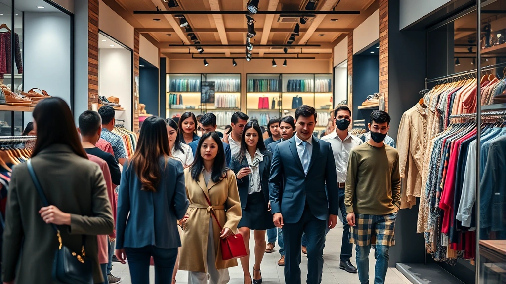 Diverse group of well-dressed people shopping in modern boutique store with contemporary fashion displays and warm ambient lighting, Surat retail setting
