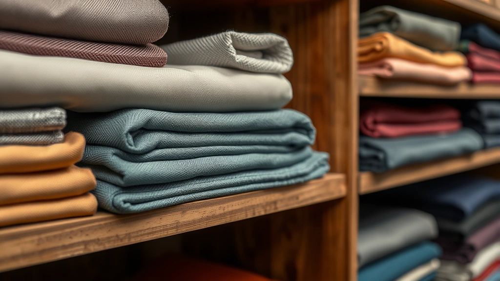 Close-up of premium folded textiles and fabrics in rich colors arranged on wooden shelves, showcasing quality craftsmanship and material excellence