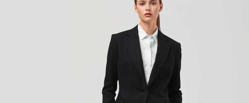 Minimalist fashion model wearing tailored black blazer and white shirt, neutral background, professional studio lighting emphasizing garment construction details and fabric texture