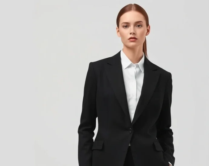 Minimalist fashion model wearing tailored black blazer and white shirt, neutral background, professional studio lighting emphasizing garment construction details and fabric texture