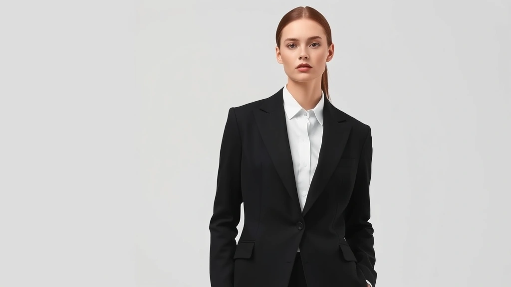 Minimalist fashion model wearing tailored black blazer and white shirt, neutral background, professional studio lighting emphasizing garment construction details and fabric texture