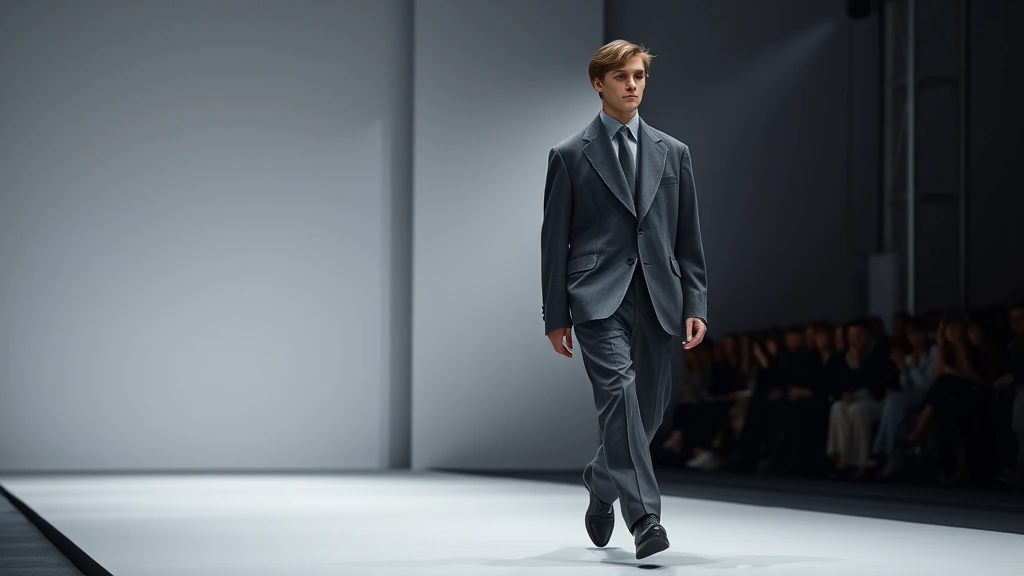 Berlin fashion week runway presentation featuring oversized tailored suit in monochromatic gray tones, model walking on minimalist stage, dramatic professional lighting
