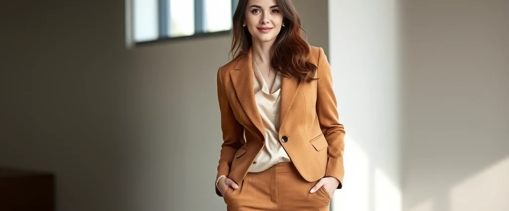 Woman wearing tailored gingerbread brown blazer over cream silk blouse with structured trousers, standing confidently indoors with natural window lighting, professional polished appearance