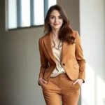Woman wearing tailored gingerbread brown blazer over cream silk blouse with structured trousers, standing confidently indoors with natural window lighting, professional polished appearance