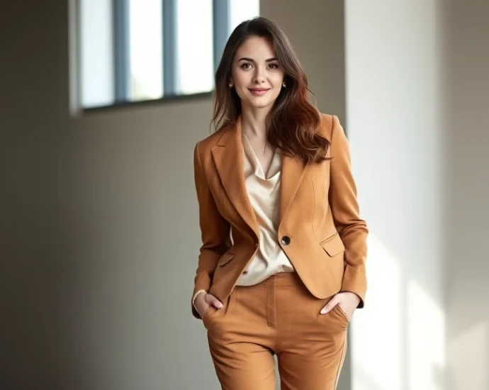 Woman wearing tailored gingerbread brown blazer over cream silk blouse with structured trousers, standing confidently indoors with natural window lighting, professional polished appearance