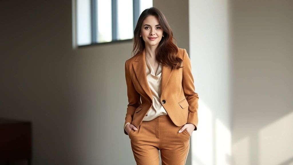 Woman wearing tailored gingerbread brown blazer over cream silk blouse with structured trousers, standing confidently indoors with natural window lighting, professional polished appearance