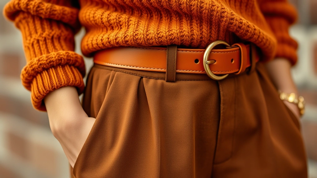 Close-up of gingerbread-toned layered outfit featuring caramel sweater, chocolate brown wide-leg trousers, gold jewelry, and leather cognac belt, showcasing texture and color harmony