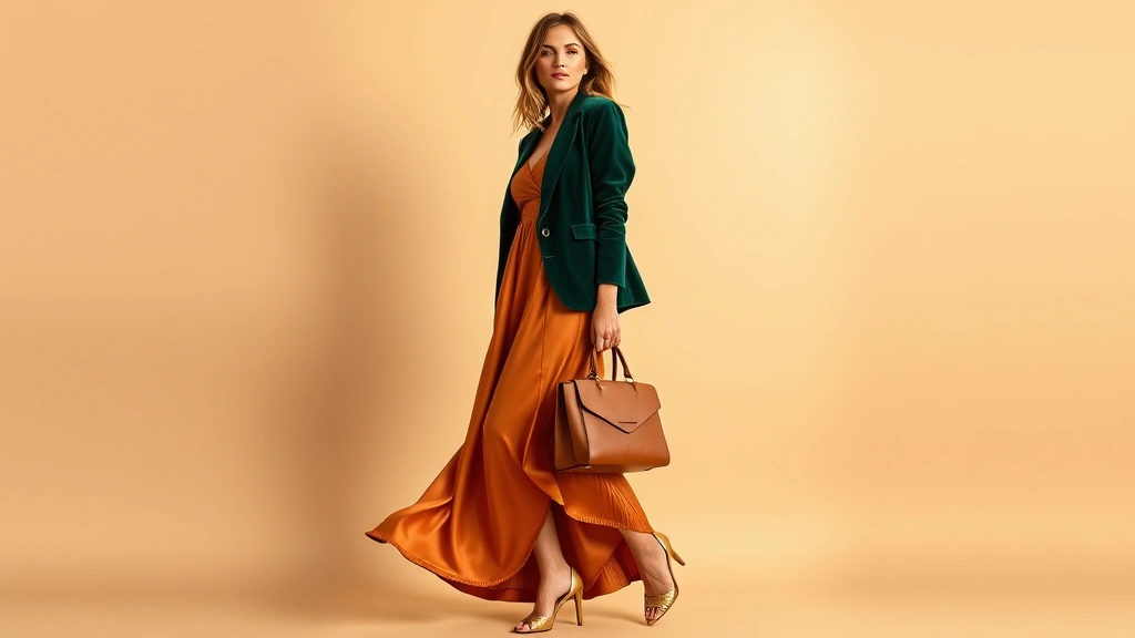 Woman in flowing gingerbread satin slip dress with emerald velvet blazer, gold heels, holding structured tan leather handbag, photographed against neutral background with warm lighting