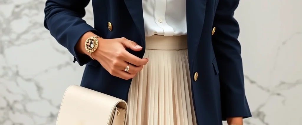 Luxury preppy outfit featuring tailored navy blazer, crisp white button-down, pleated skirt, and vintage gold accessories, styled against marble backdrop, professional fashion photography