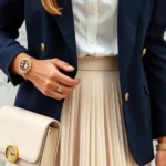 Luxury preppy outfit featuring tailored navy blazer, crisp white button-down, pleated skirt, and vintage gold accessories, styled against marble backdrop, professional fashion photography