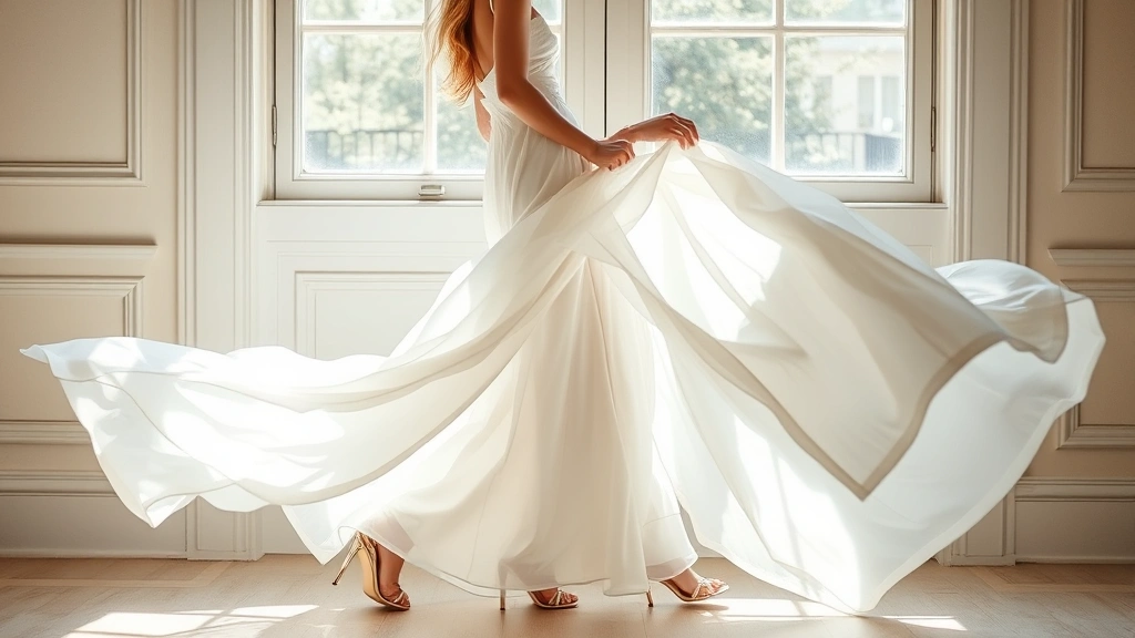 Flowing white romantic gown with delicate draping, paired with strappy gold heels, shot in natural window lighting with soft shadow play, ethereal luxury aesthetic