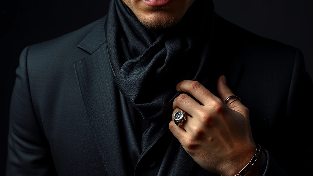 Dark sophisticated menswear styled with charcoal tailored suit, silk scarf, leather accessories, and statement rings, dramatic moody lighting emphasizing luxury textures