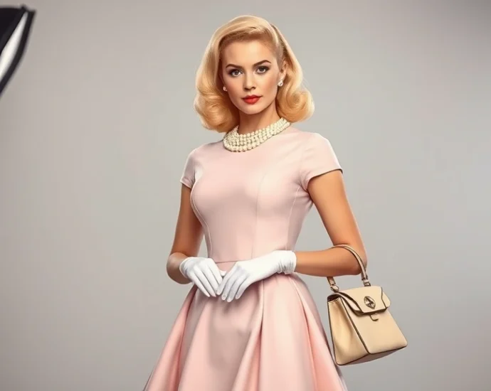 Elegant blonde woman wearing pale pink fitted dress with full skirt, white gloves, pearl necklace, structured handbag, professional photography studio lighting, 1950s Hollywood glamour aesthetic, soft focus background