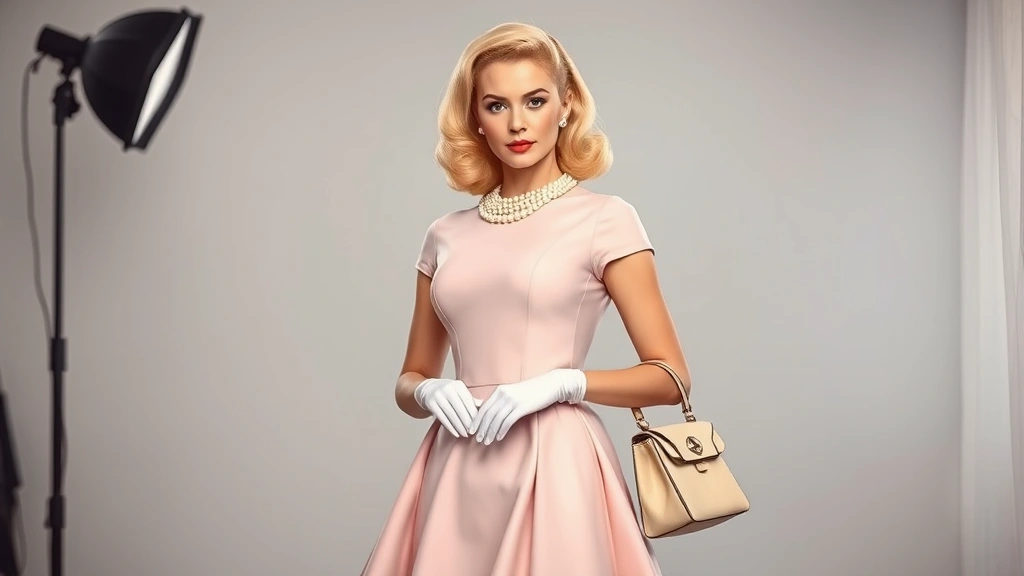 Elegant blonde woman wearing pale pink fitted dress with full skirt, white gloves, pearl necklace, structured handbag, professional photography studio lighting, 1950s Hollywood glamour aesthetic, soft focus background