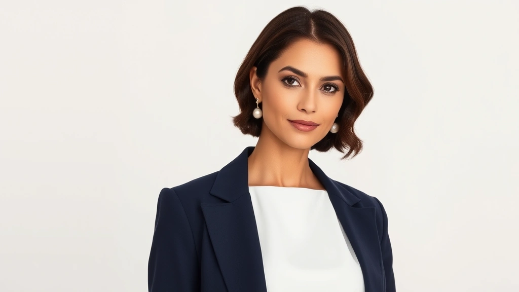 Woman in classic tailored navy blazer over white dress, subtle pearl earrings, elegant posture, sophisticated neutral aesthetic, professional headshot style, soft natural lighting, timeless elegance