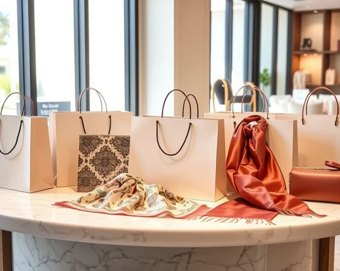 Luxury shopping bags displayed on marble table with silk scarves and designer accessories, natural light from large windows, sophisticated retail aesthetic, Arizona resort-style ambiance
