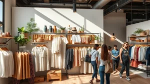 Sustainable fashion display with eco-friendly clothing brands, organic cotton garments, and recycled materials showcased in modern retail boutique setting, natural lighting, diverse shoppers browsing