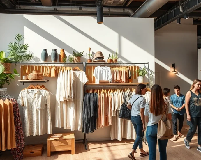 Sustainable fashion display with eco-friendly clothing brands, organic cotton garments, and recycled materials showcased in modern retail boutique setting, natural lighting, diverse shoppers browsing