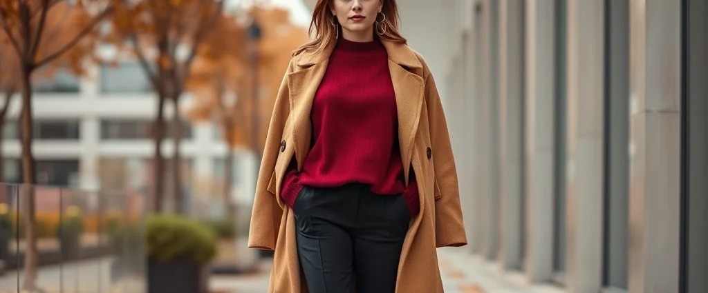 Woman wearing burgundy oversized sweater with tailored black trousers and camel coat, standing confidently in modern setting, autumn aesthetic, warm lighting