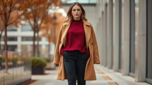 Woman wearing burgundy oversized sweater with tailored black trousers and camel coat, standing confidently in modern setting, autumn aesthetic, warm lighting