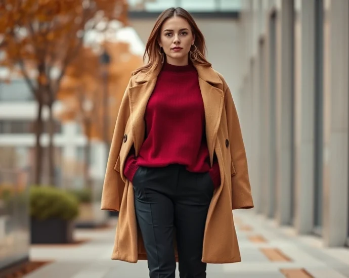 Woman wearing burgundy oversized sweater with tailored black trousers and camel coat, standing confidently in modern setting, autumn aesthetic, warm lighting