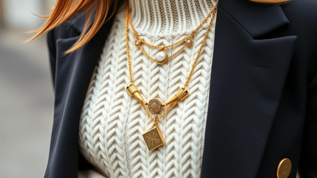 Close-up of layered outfit details showing cream cable-knit sweater, structured blazer, and gold layered necklaces, professional fashion photography style