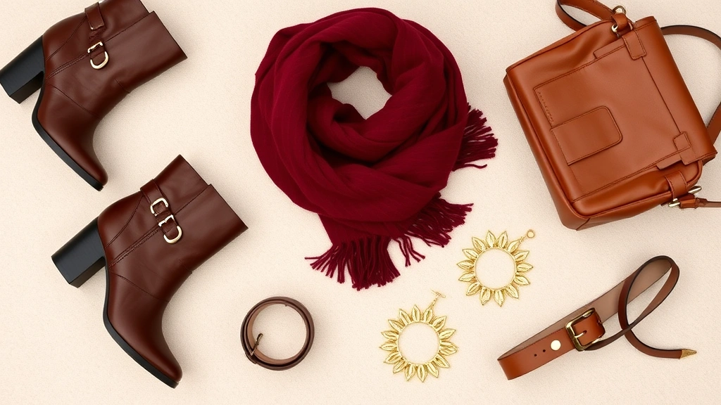 Styled flat lay of fall fashion essentials including ankle boots, burgundy scarf, structured handbag, statement belt, and gold jewelry on neutral background