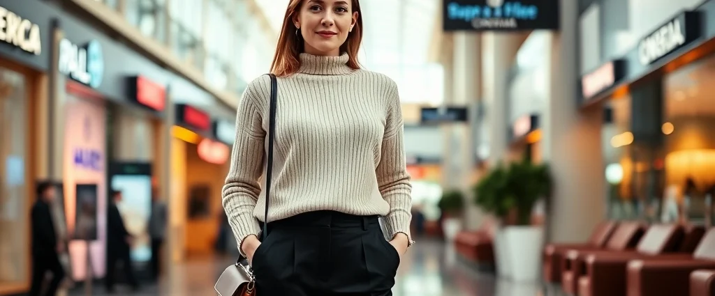 Woman wearing cream cashmere sweater and tailored black trousers standing in modern cinema lobby, holding small leather crossbody bag, confident relaxed posture, warm natural lighting, upscale shopping center background