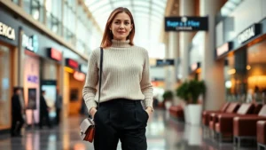 Woman wearing cream cashmere sweater and tailored black trousers standing in modern cinema lobby, holding small leather crossbody bag, confident relaxed posture, warm natural lighting, upscale shopping center background