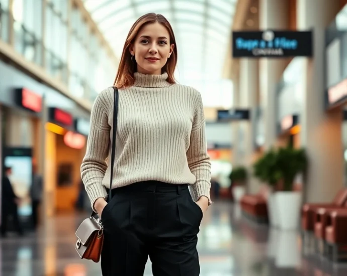 Woman wearing cream cashmere sweater and tailored black trousers standing in modern cinema lobby, holding small leather crossbody bag, confident relaxed posture, warm natural lighting, upscale shopping center background