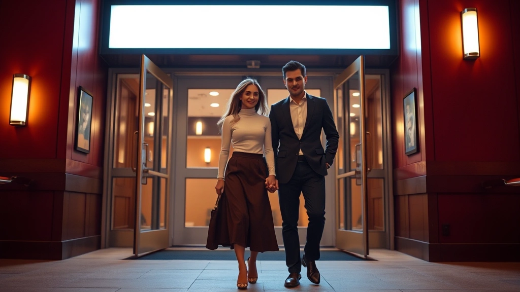 Couple dressed in smart casual evening wear entering movie theater—woman in midi skirt and fitted turtleneck, man in tailored pants and blazer, sophisticated date night aesthetic, soft indoor lighting, polished appearance