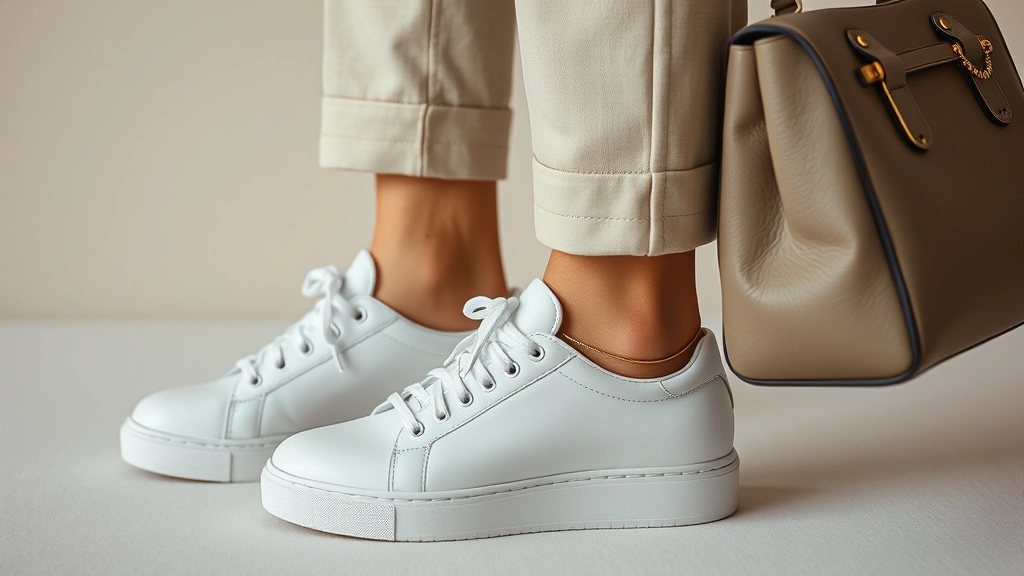 Close-up styling detail of cinema outfit featuring white leather sneakers, tailored joggers, delicate gold jewelry, and structured handbag against neutral backdrop, minimalist aesthetic, luxury casual wear, professional fashion photography