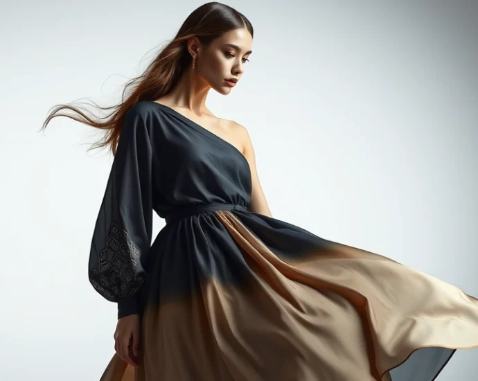 Luxury fashion model wearing flowing silk dress featuring gradient smoke effect transitioning from charcoal to cream, paired with subtle geometric print pattern on sleeves, dramatic studio lighting highlighting fabric texture and depth, professional editorial photography style